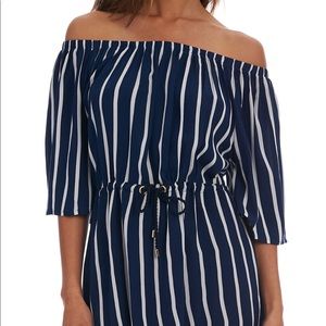 La Blanca Navy  & White Vertical Striped Off the Shoulder Dress